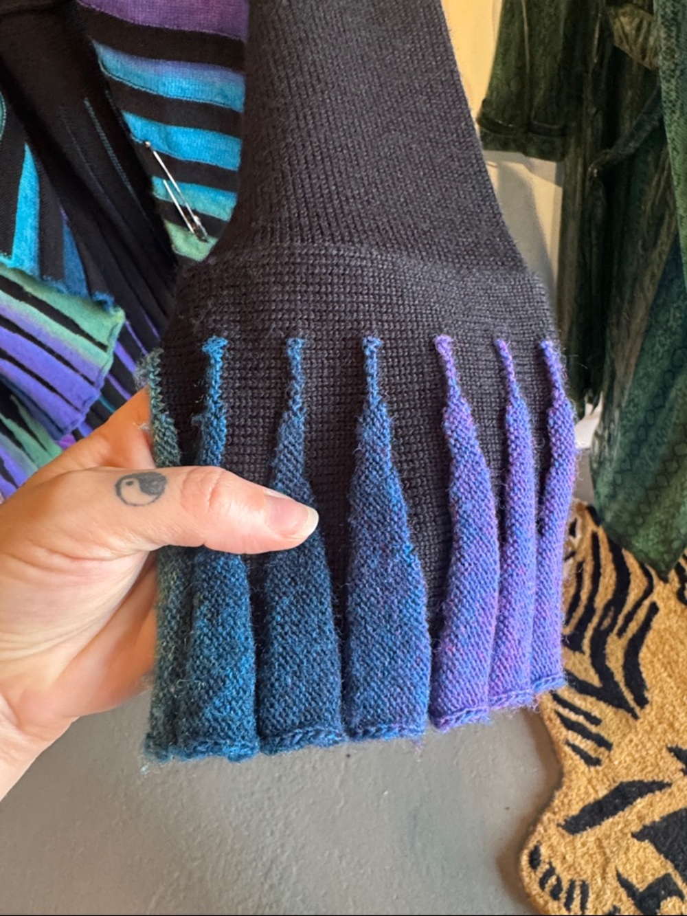 Y2K Open-Front Striped Sweater Cardigan in Blue/Green/Purple - Picture 6 of 7